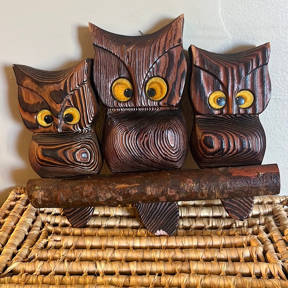 Vintage Wood Owl Trio Wall Hanging *As Is*